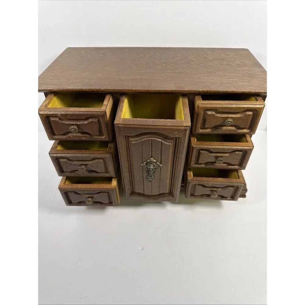 Vintage Wooden Jewelry Box 1 Door 7 Drawers Yellow Velvet Felt Chest -Japan 🇯🇵